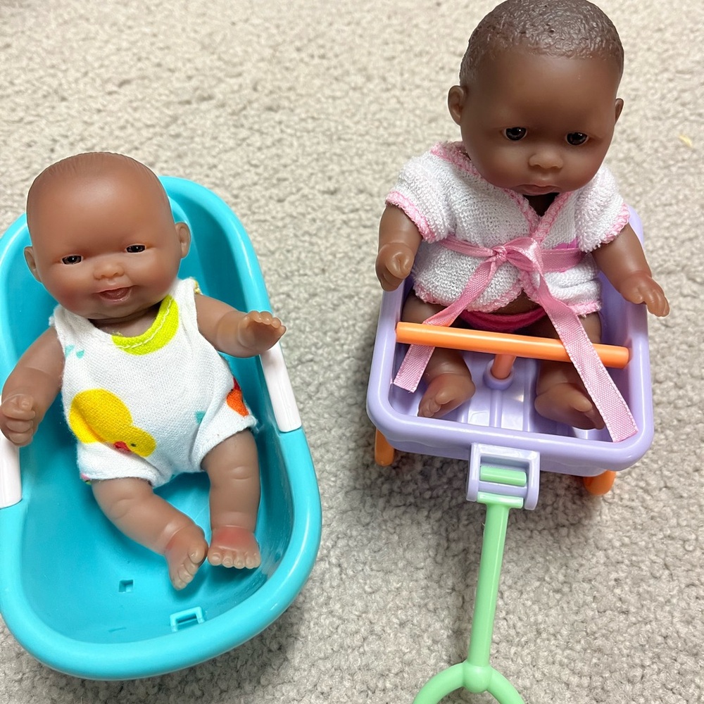 Charming Baby Doll Duo with Blue Bathtub and Purple Wagon